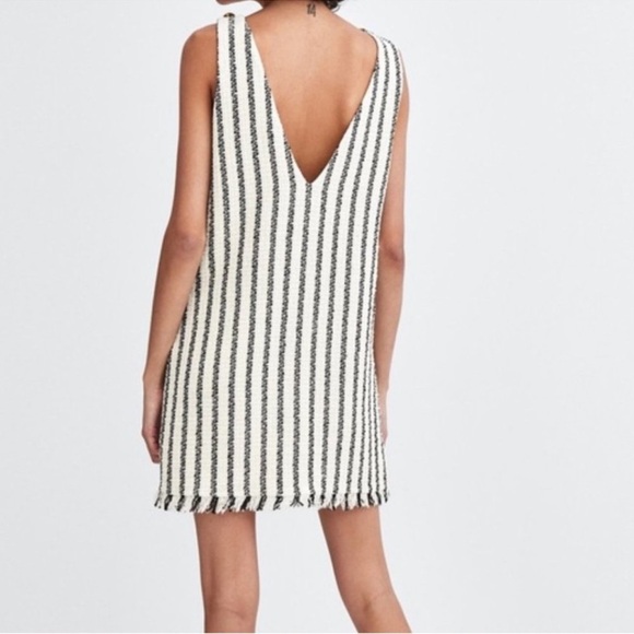 Zara TRF Collection Pinafore Tweed Fringe Striped Mini Shift Dress Size Small/4 - Picture 2 of 7